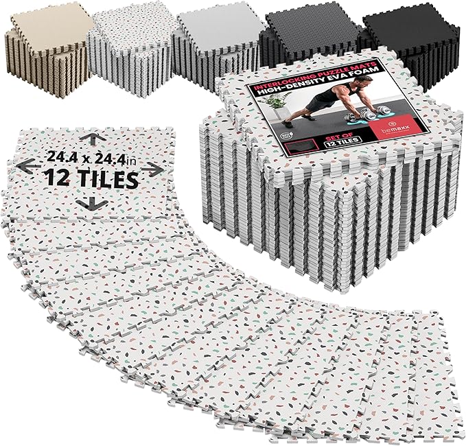 bemaxx Gym Mats Set - 12 pcs EVA Interlocking Foam Floor Tiles (24.4"x24.4"x0.4") 48 sqft Protective Gym Flooring Sports Home Workout Exercise Mats Puzzle Garage Fitness Play-Room Pool Treadmill Bike