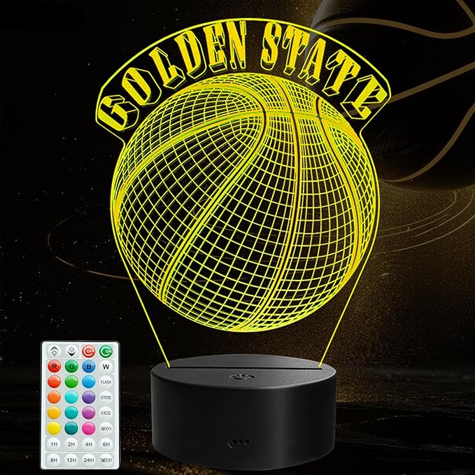 Basketball Golden State Night Light, Golden State Gifts for Boy, 3D Illusion Lamp with Remote Control, 16 Colors Changing, RGB Flashing Mode and Dimmable, Gifts for Boys Christmas Decor