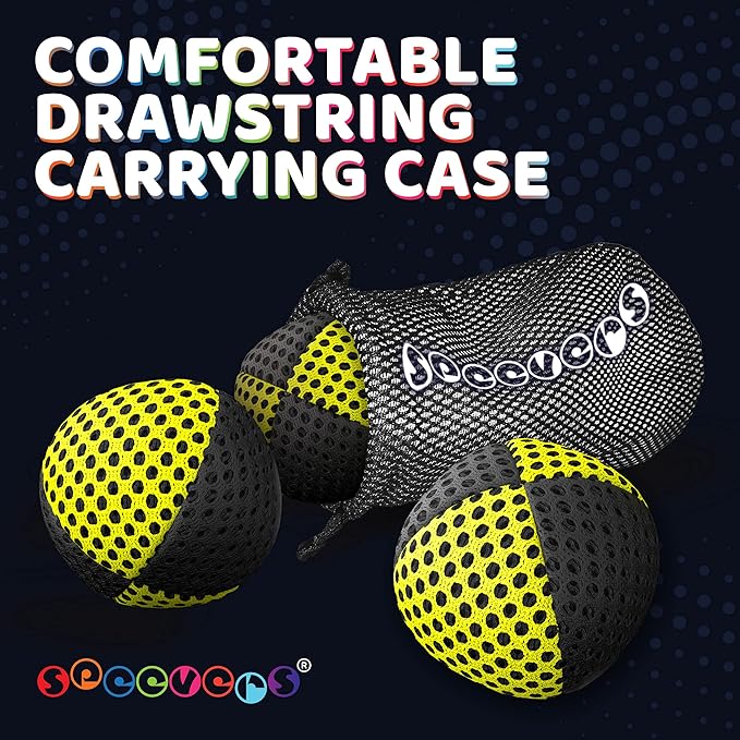 speevers Juggling Balls for Beginners and Professionals Set of 3, 14 Colors Available, 2 Layers of Net and Carry Case, Xballs Juggling Balls (Black - Yellow, 3.2 oz)