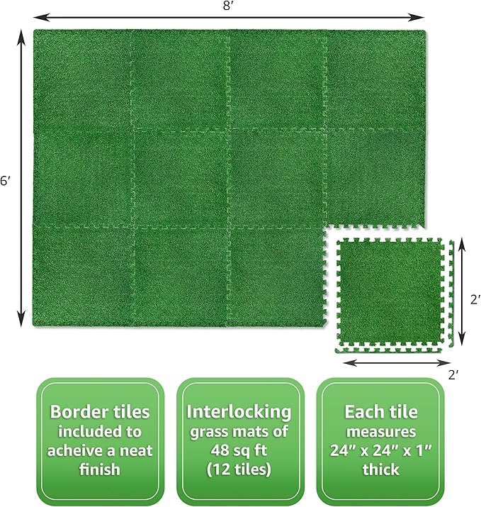 Sorbus Grass Foam Floor Tiles - 12 Interlocking Mats of 24"X24” Total of 48 Sq Ft for Kids Outdoor Toys, Playroom, Deck, Patio, Basement Home Gym - Artificial Carpet Grass Turf Indoor Outdoor Flooring