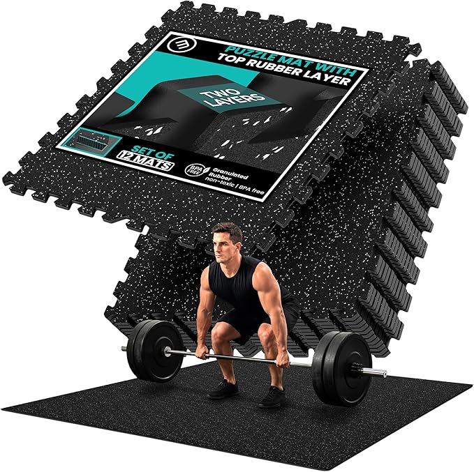 bemaxx Gym Mats Set - 12 pcs EVA Interlocking Foam Floor Tiles (24.4"x24.4"x0.4") 48 sqft Protective Gym Flooring Sports Home Workout Exercise Mats Puzzle Garage Fitness Play-Room Pool Treadmill Bike