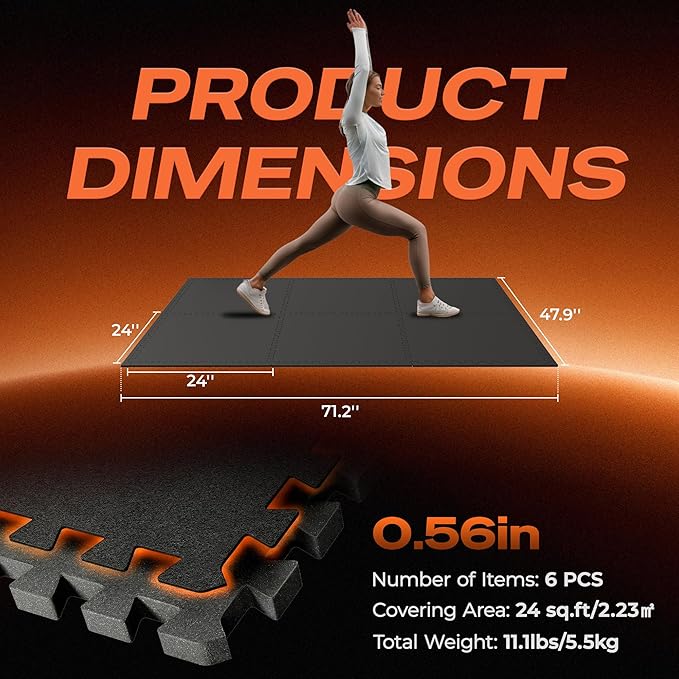 SUPERJARE 0.56'' Thick 6 Pcs 24 Sq Ft Rubber Top Exercise Equipment Mats, High Density EVA Foam Mats with Rubber Top, Interlocking Gym Flooring for Home Gym, Protective Workout Mat, Black