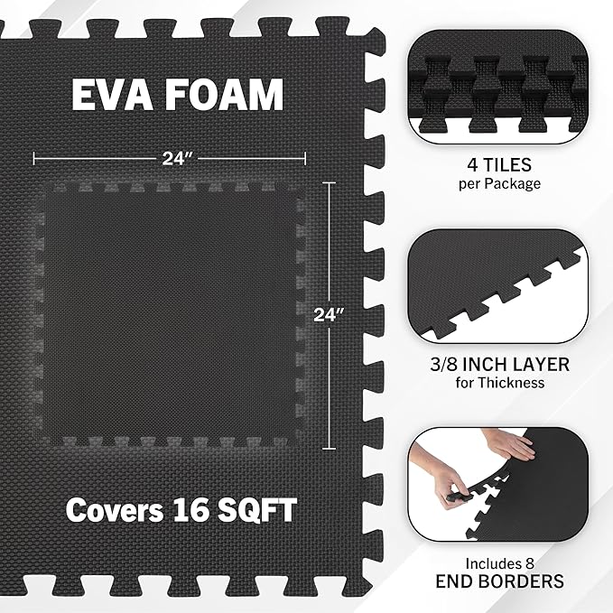 EVA Foam Mat Tiles 4-Pack - 16 SQ FT of Interlocking Padding for Garage, Playroom, or Gym Flooring - Workout Mat or Baby Playmat by Stalwart (Black)