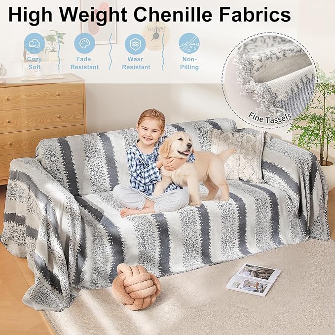 Boho Sofa Cover, Couch Covers for 3 Cushion Couch Sofa Pet Friendly, Sofa Cover Washable, Soft Chenille Living Room Couch Covers Slipcover, Pet Furniture Protecto (1# Grey, 71" x 150")