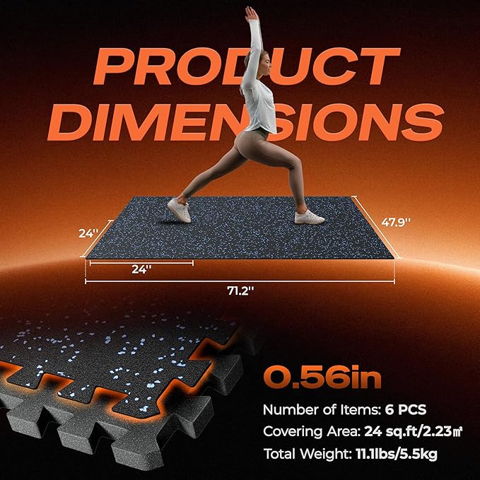 SUPERJARE 0.56'' Thick 6 Pcs 24 Sq Ft Rubber Top Exercise Equipment Mats, High Density EVA Foam Mats with Rubber Top, Interlocking Gym Flooring for Home Gym, Protective Workout Mat, Black/Blue