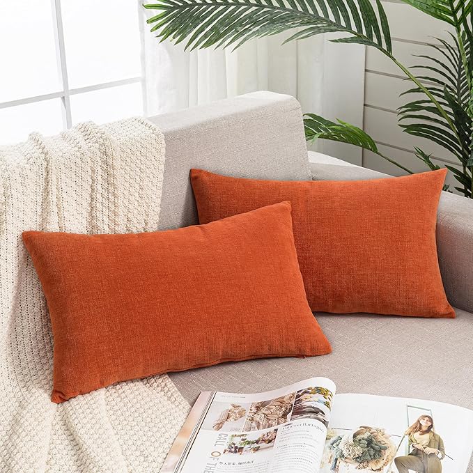 GAWAMAY Lumbar Pillow Decorative Rectangle Throw Pillow Covers 12"x20" Inch Set of 2, Super Soft Chenille Pillowcase for Living Room Bedroom Sofa Couch Cushion Cover Burnt Orange 30x50cm (ONLY COVERS)