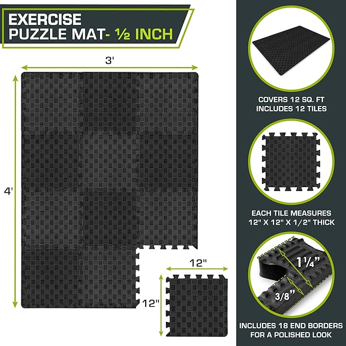 ProsourceFit Exercise Puzzle Mat ½-inch, Checkered EVA Foam Floor Tiles w/ Non-Slip Texture, Interlocking Design for Adjustable Gym Surfaces, Shock Absorbing, Black, 12 SQ FT - 12 Tiles