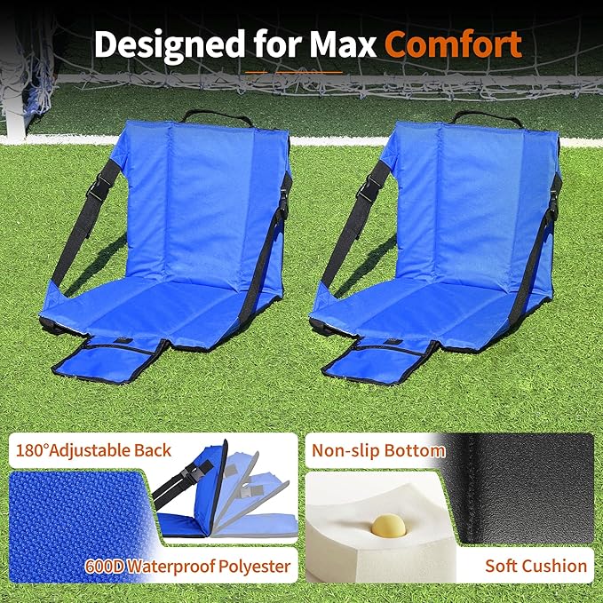 2PCS Portable Stadium Seat Cushion for Bleachers,Folding Lightweight Seat with Backrest,Adjustable Straps,Ideal for Camping,Hiking,Sports Events,Outdoor Concerts