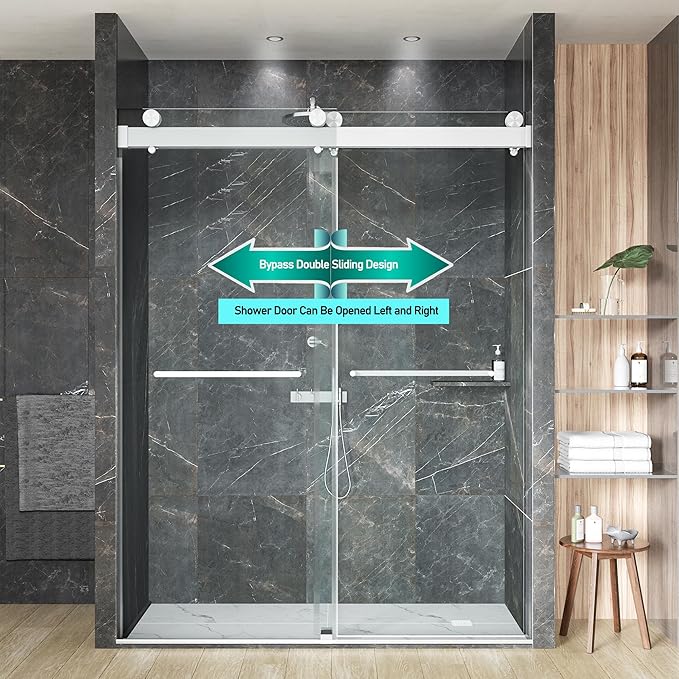 56-60" W x 76" H Shower Door,Frameless Shower Door,Double Sliding Glass Shower Door with 3/8" (10mm) Clear SGCC Tempered Glass, Roller Disc System (Brushed Nickel, 60" Wx76 H-Double Sliding)