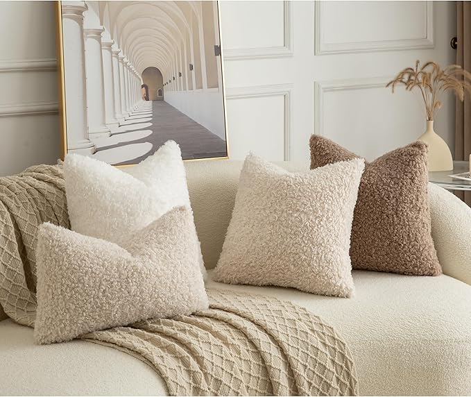 Pack of 2 Curly Teddy Wool Faux Fur Throw Pillow Covers Fuzzy Accent Soft Sherpa Pillowcases Sheepskin Fleece Decorative Cushion Case for Sofa Couch Living Room 12x20 Inch Neutral White