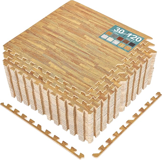 Sorbus 120 Sq. Ft. Wood Grain Floor Tiles Foam Mat EVA Interlocking Mats Tile 3/8-Inch Thick Flooring Wood Puzzle Exercise Mats w/Borders - Home Playroom Basement, Apartment, Trade Show, Baby, Dance
